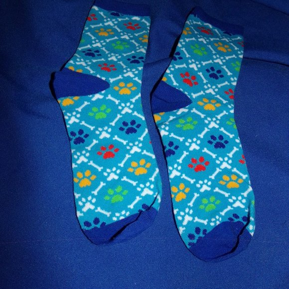 Pawprint & Bones Ankle Socks - Girls or Boys - Blue Multicolor Design - Picture 3 of 4